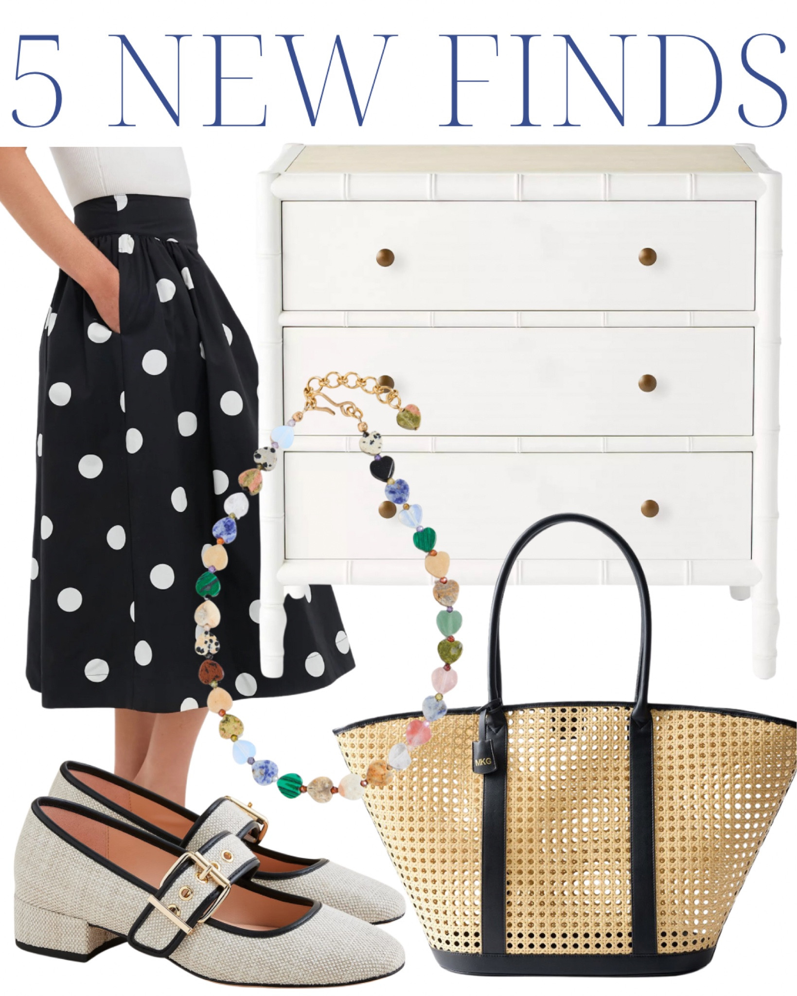 white bamboo dresser, rattan tote bag, mary jane heels, black polkadot skirt, heart necklace, home decor, classic home, grandmillennial home, coastal home, southern home, classic style, grandmillennial style, timeless style

#LTKShoeCrush #LTKStyleTip #LTKHome