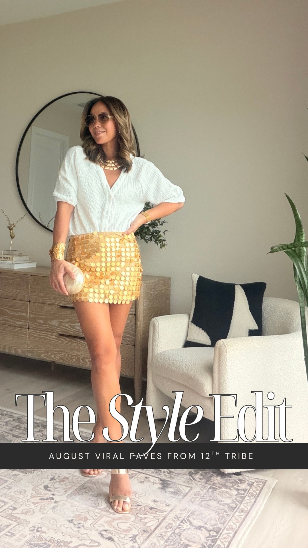 The Miramar Gold Payette Mini Skirt is the statement, so I kept the rest a little more relaxed with a crisp white button-down, gold heels and simple gold accessories. @12th Tribe 

I love the contrast of a fully embellished skirt with something classic on top—it makes the whole look feel more wearable.

And lately, I’m less interested in saving the best pieces for a special occasion. Wear them now. ✨

#LTKgrwm #LTKootd #LTKdayinmylife