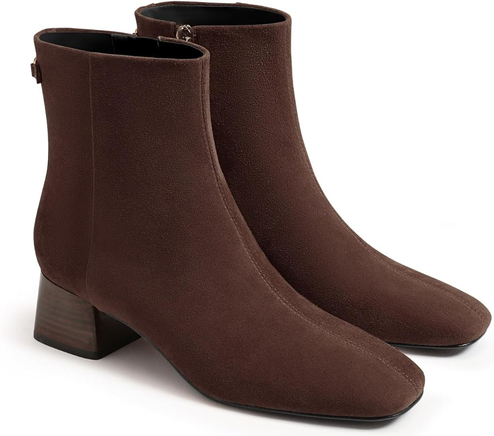 Coutgo Womens Ankle Boots Chunky Low Heel Square Toe Booties Side Zipper Winter Dress Shoes | Amazon (US)