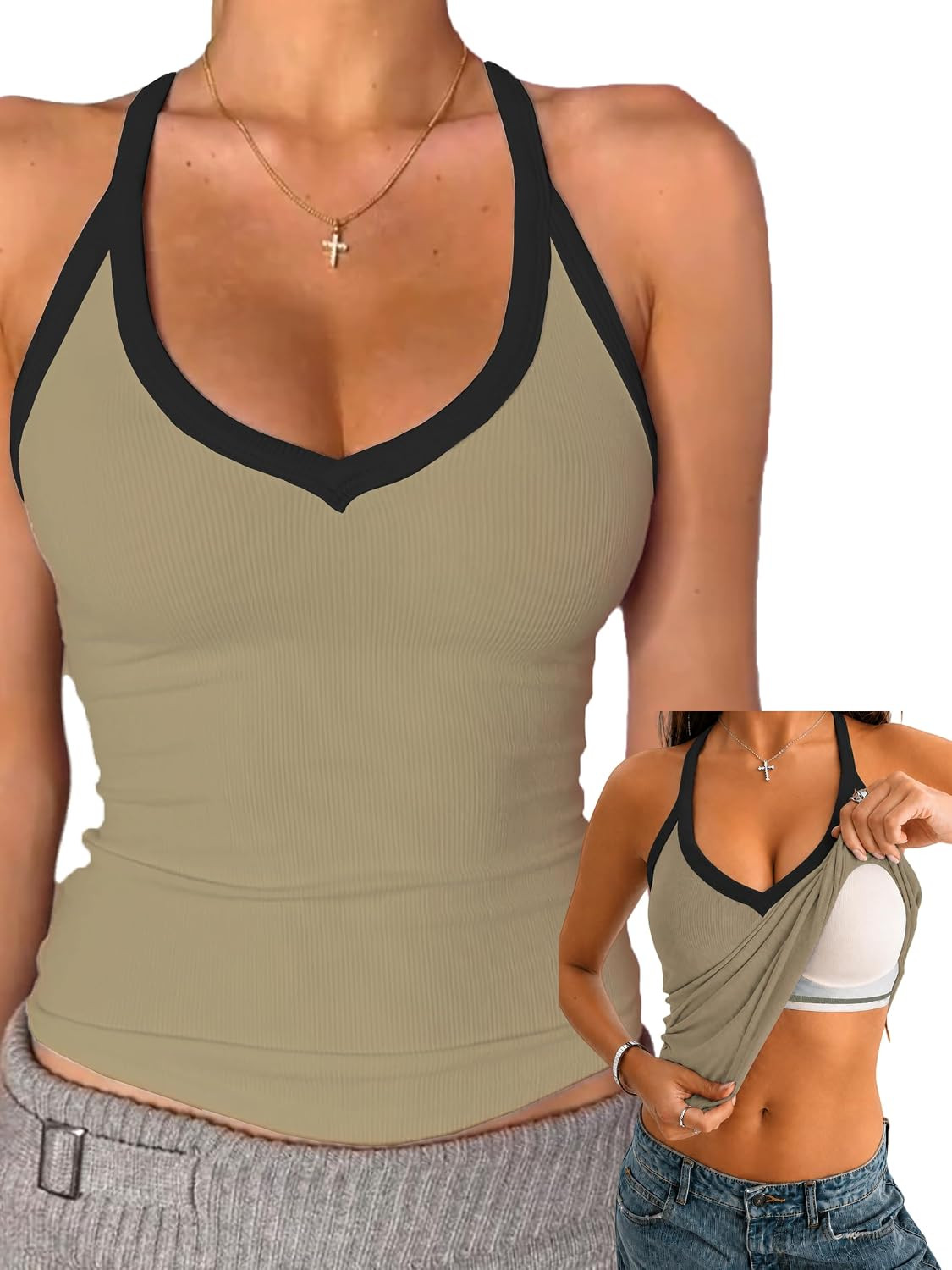 Danysu V Neck Cotton Tank Top with Built-in Shelf Bra Racerback Fitted Cami | Amazon (US)