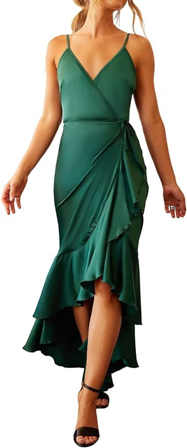 CUPSHE Women Satin Flounce Wrap Dress Sexy V-Neck Spaghetti Straps Party Dresses High-Low Hem | Amazon (US)