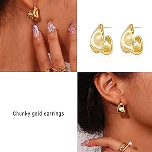 Chunky Gold Stud Earrings for Women 14k Gold Plated Hypoallergenic Earrings Statement Trendy Fash... | Amazon (US)