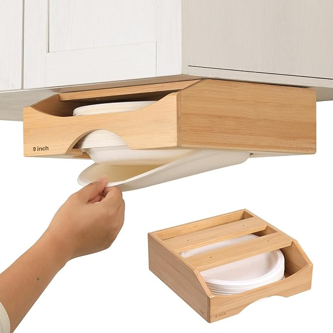 9-inch Paper Plate Dispenser Under Cabinet, Bamboo Paper Plate Holders, Kitchen Counter Vertical ... | Amazon (US)