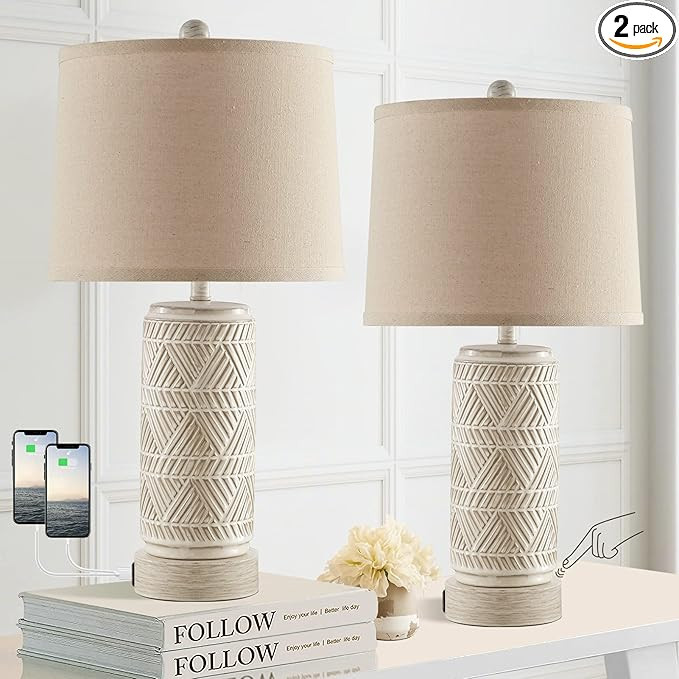 RORIANO Set of 2 Rustic Touch Ceramic Table Lamps for Living Room, 3 Way Dimmable with Dual USB P... | Amazon (US)