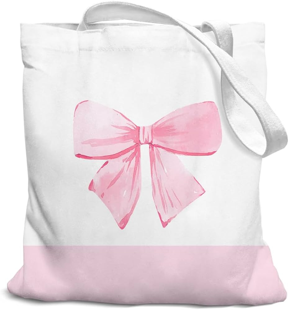 Coquette Pink Bow Preppy Canvas Tote Bag for Women Teen Girls, Bow Tote Bag, Girls Tote Bag, Tren... | Amazon (US)