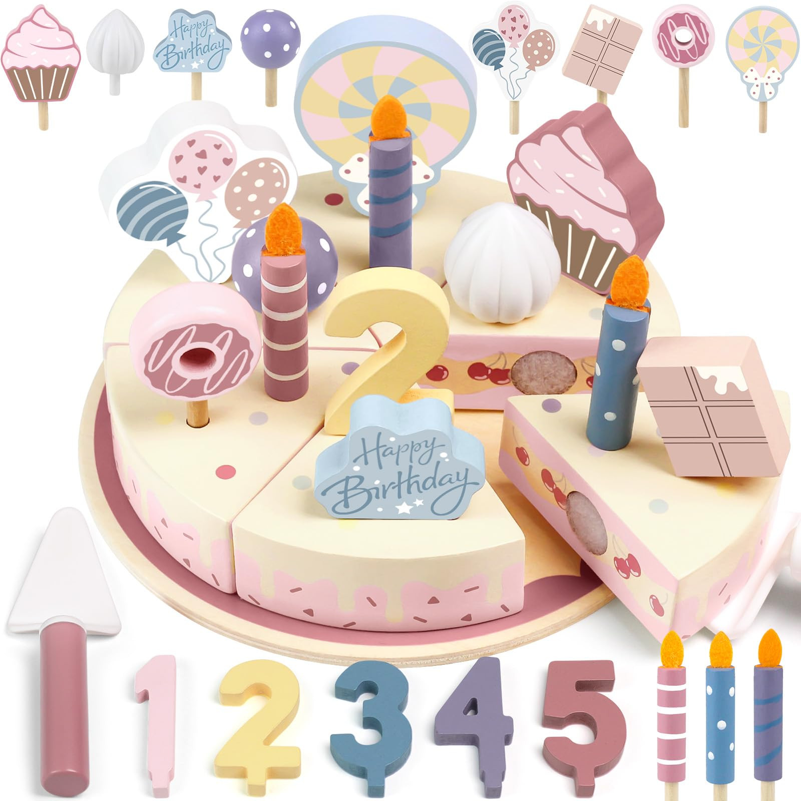 Wooden Birthday Party Cake Play Food Sets for Toddler 2 3 4 5 Year Old Girls Boys Kids Kitchen Ac... | Amazon (US)