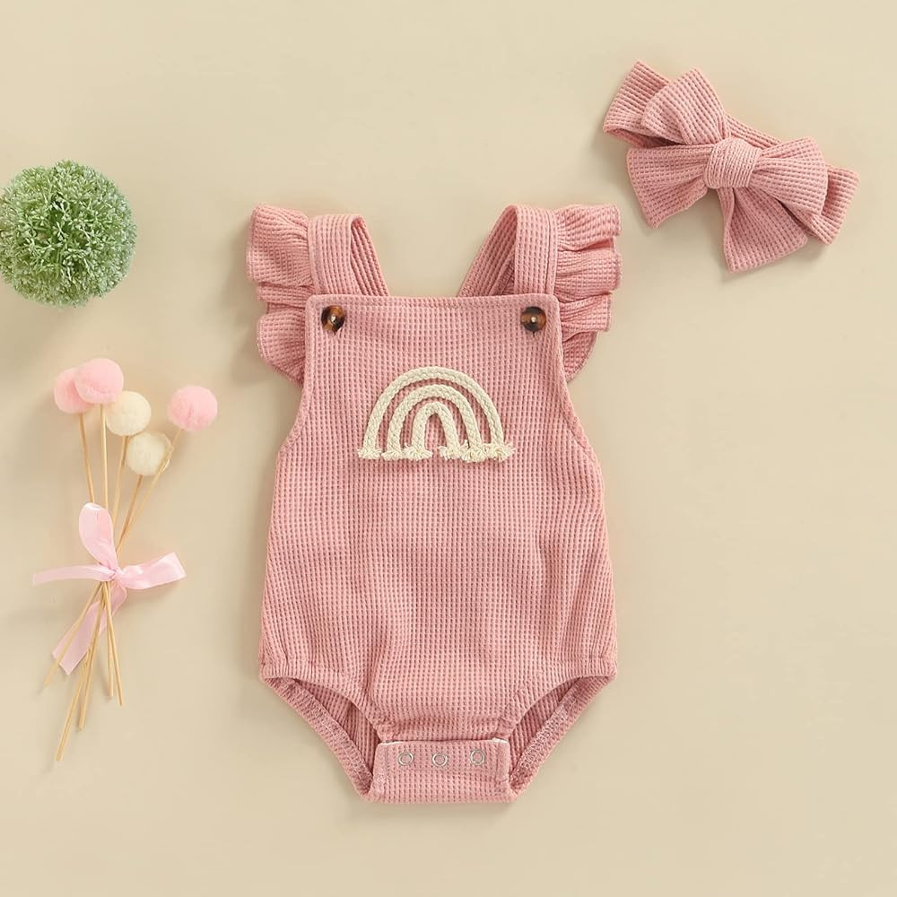 Newborn Baby Boy Girls Clothes Infant Rainbow Romper Waffle Ruffled Sleeveless Backless Bodysuit Jum | Amazon (US)