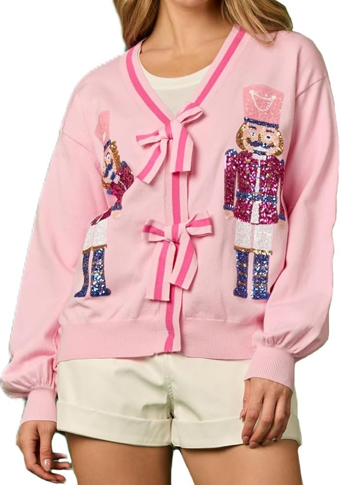 Women's Bow Tie Cardigan Sweaters Sequin Graphic Long Sleeve Open Front Knitted Cardigans Cute Pa... | Amazon (US)