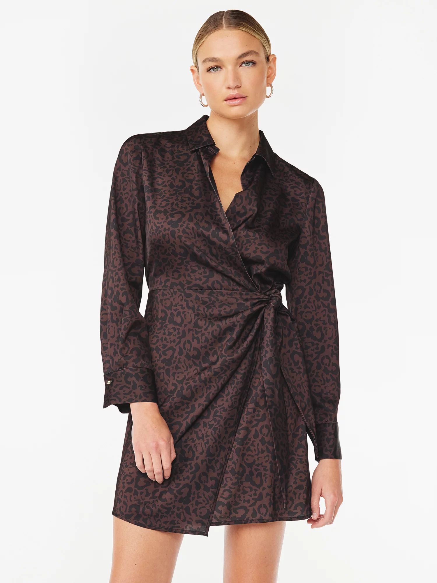 Scoop Wrap Tie Mini Dress with Point Collar, Sizes XS-XXL - Walmart.com | Walmart (US)