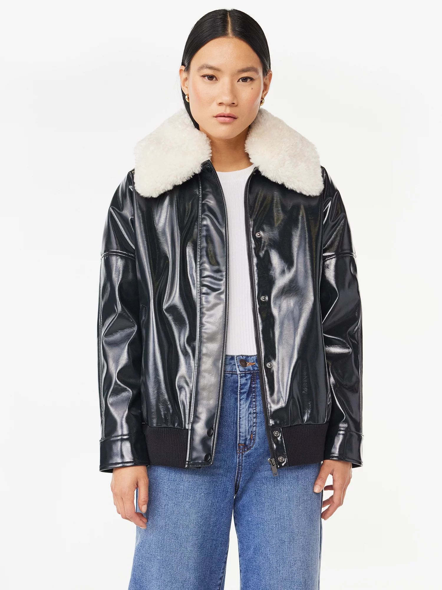 Scoop Women's Oversized Faux Leather Jacket with Faux Fur Collar, Sizes XS-2XL - Walmart.com | Walmart (US)