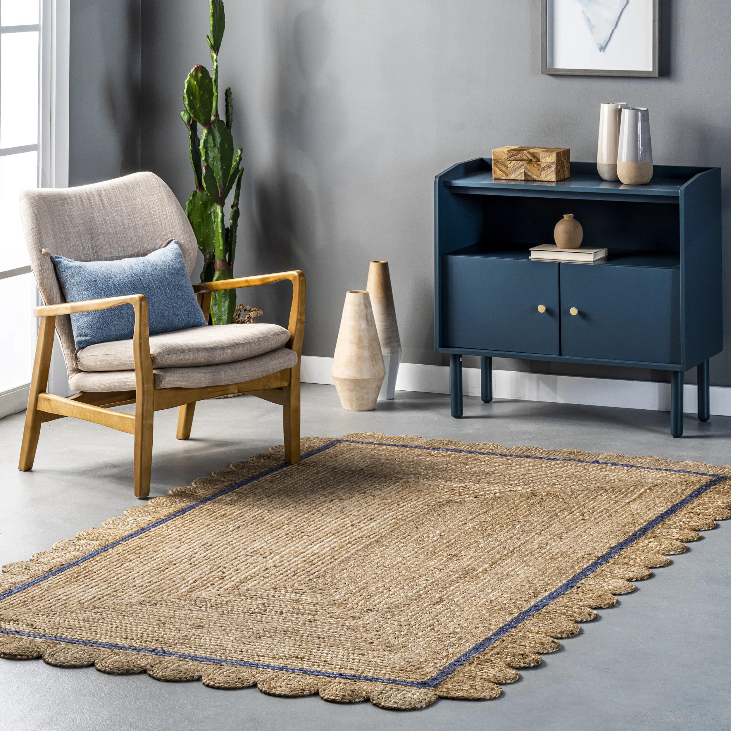 Damask Jute Area Rug for Dining Room Living Room Kitchen, Blue/Ivory | Wayfair North America