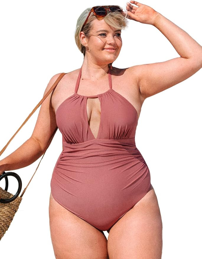 CUPSHE Women's Plus Size One Piece Swimsuit Halter Shirring Tummy Control Bathing Suit | Amazon (US)