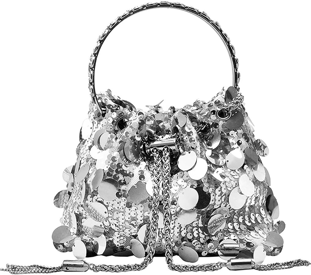 QZUnique Rhinestone/Sequin Bucket Bag with Jewelry Set Women Silver Bling Evening Handbag Glitter... | Amazon (US)