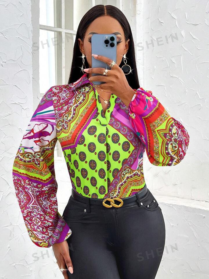 Women'S Elegant & Commute Kerchief Patchwork Printed  V-Neck  Lapel  Long Lantern Sleeve  Blouse(... | SHEIN