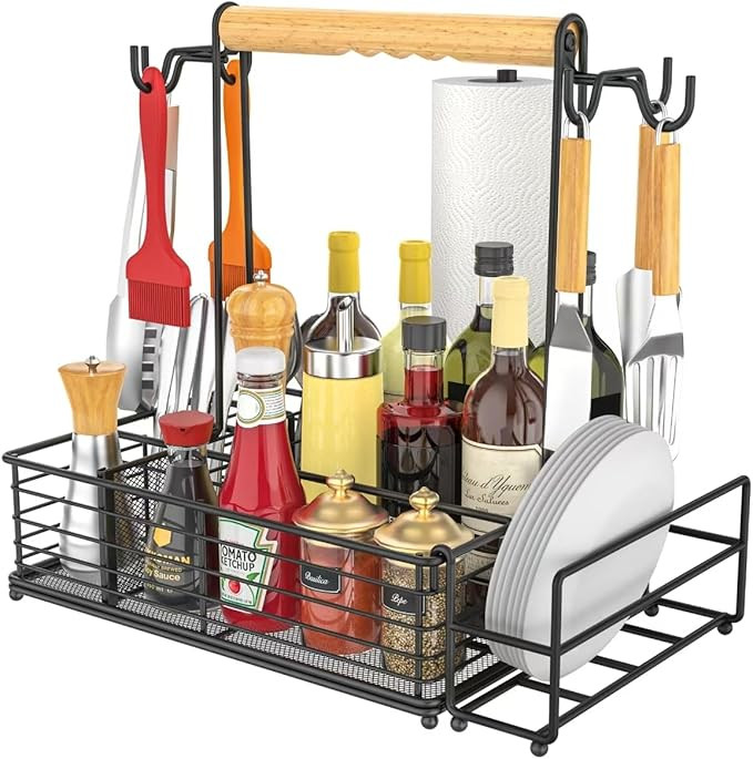 Large Grill and Griddle Caddy with Paper Towel Holder, Side Hooks, Utensil Holder, Wooden Handle ... | Amazon (US)