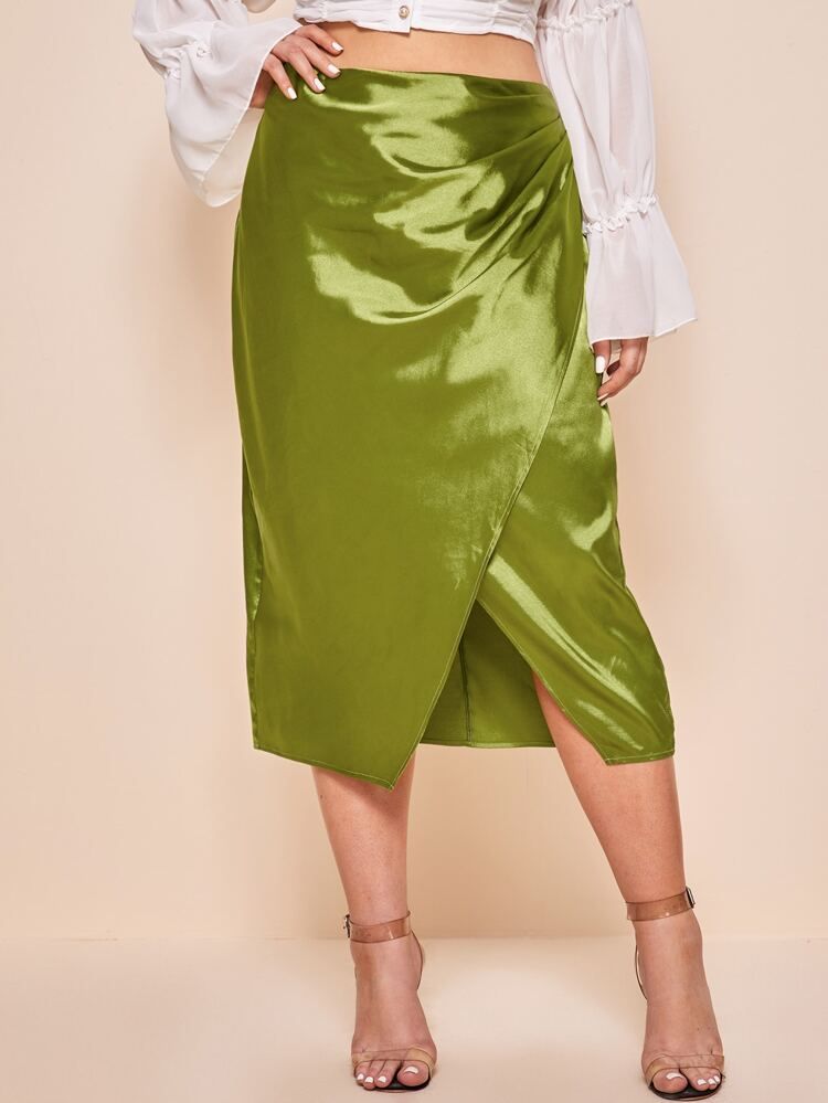 SHEIN Plus Asymmetrical Hem Satin Skirt | SHEIN