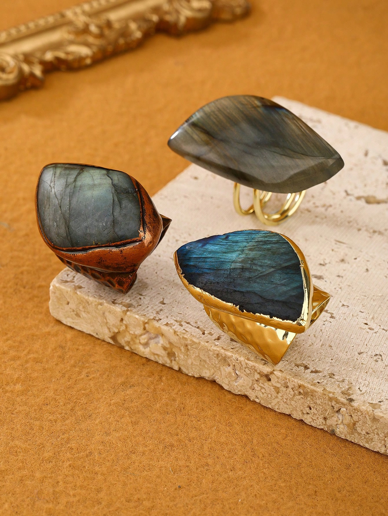 Trends1pc Vintage Style Natural Labradorite Geometric Shape Wide Band Ring, Antique Bronze Plated... | SHEIN