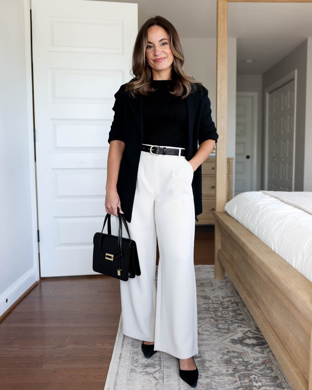 Black and white workwear for petites!

Outfit 1:
Sweater blazer (Quince): xs
Top (Quince): xs
Belt (J.Crew): xs
Shoes (Sam Edelman): tts

Outfit 2:
Polka dot top (Ann Taylor): petite xxs
Black pants (Ann Taylor): petite 00 - 10” rise, 28.5” inseam. I prefer the curvy fit - it adds room at the hips.
Camisole (Kohl’s): small
Belt (Aritzia)
Boots (J.Crew): tts

Outfit 3:
Button down top (J.Crew Factory): petite xxs
Black straight pants (Gap): petite xs / 10.5” rise / 24.5” inseam - recommend a size down
Loafers: tts

My measurements for reference: I’m 4’10” and 105lbs. My bust, waist, and hip measurement is 32”, 24”, and 36”.

#LTKFindsUnder100 #LTKPetite #LTKWorkwear