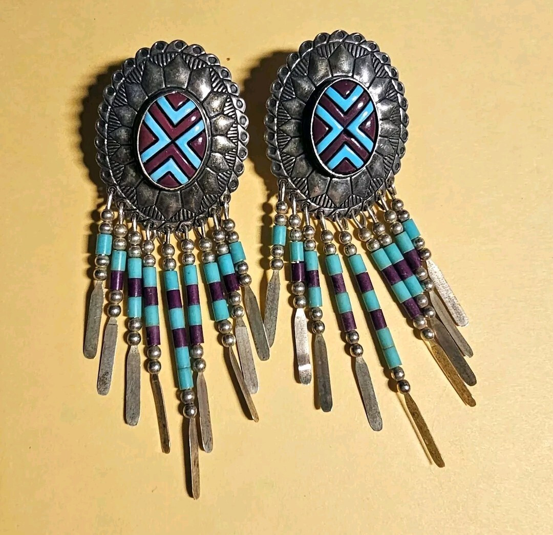 Quoc Trading QT Sterling Silver Turquoise Sugilite Heishi Bead Concho Earrings | eBay | eBay US