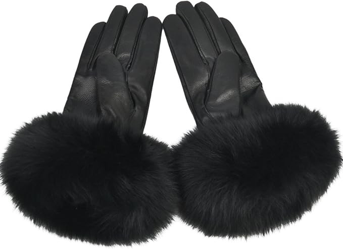 Women Genuine Lambskin Leather Winter Lined Gloves with Fox Fur Trim | Amazon (US)