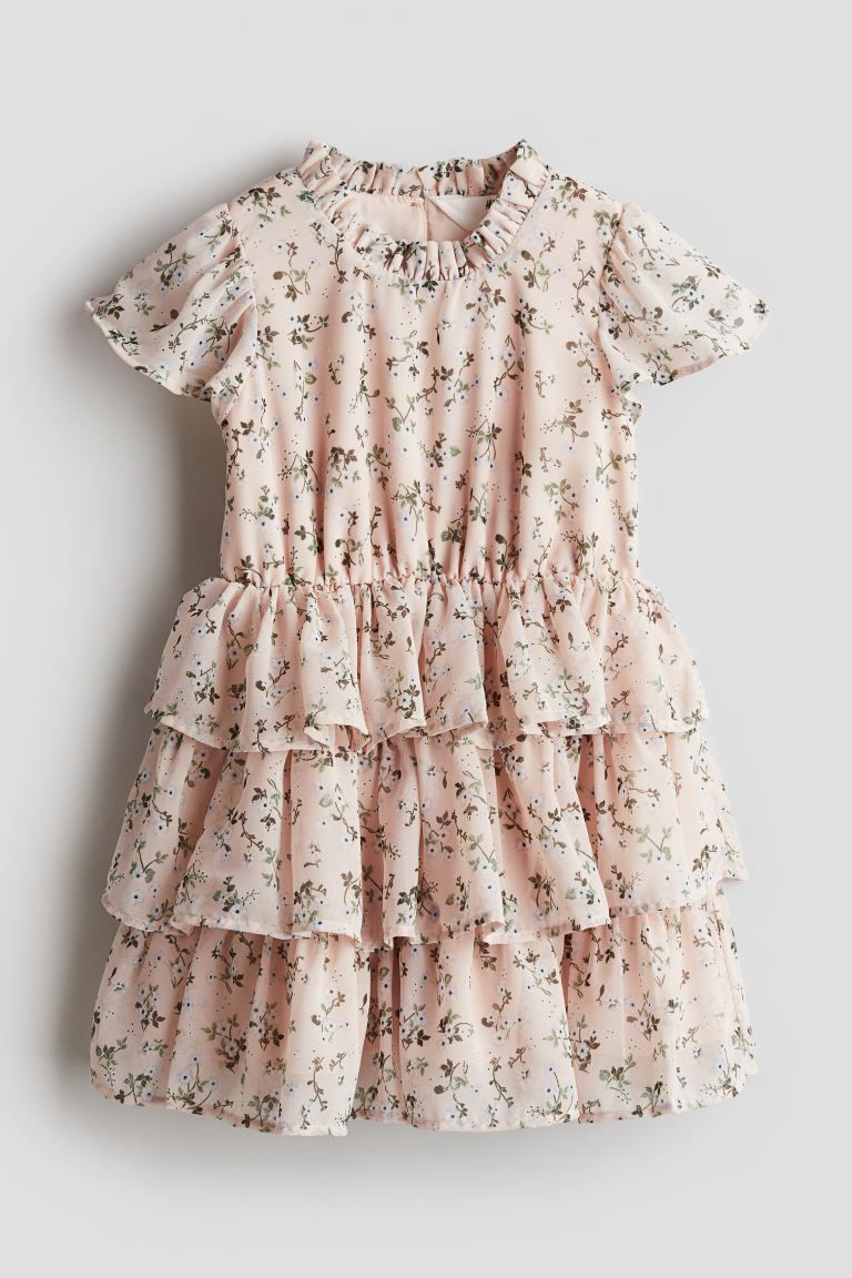 Flounced Chiffon Dress - Round Neck - Short sleeve - Powder pink/floral - Kids | H&M US | H&M (US + CA)
