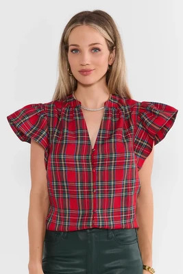 Camryn Red Plaid Flutter Sleeve Top | Avara