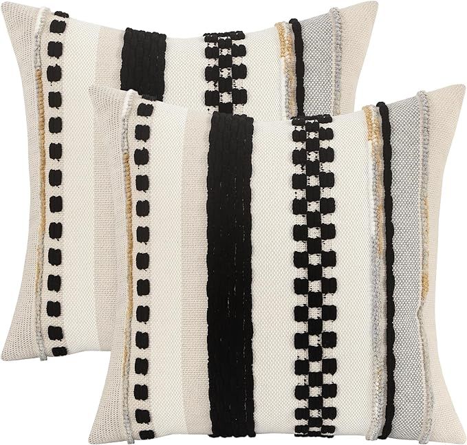 Tosleo Boho Throw Pillow Covers 18x18 Inch Set of 2 Black Striped Chenille Pillowcases Square Dec... | Amazon (US)
