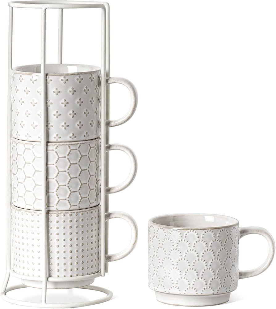 LE TAUCI Ceramic Coffee Mug Set with Stand, 8 oz Stackable Double Espresso Cups with Rack for Au ... | Amazon (US)