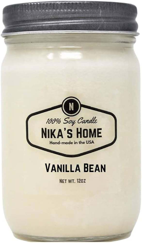 Nika's Home Vanilla Bean Soy Candle - 12oz Mason Jar - Non-Toxic White Soy Candle-Hand Poured Han... | Amazon (US)