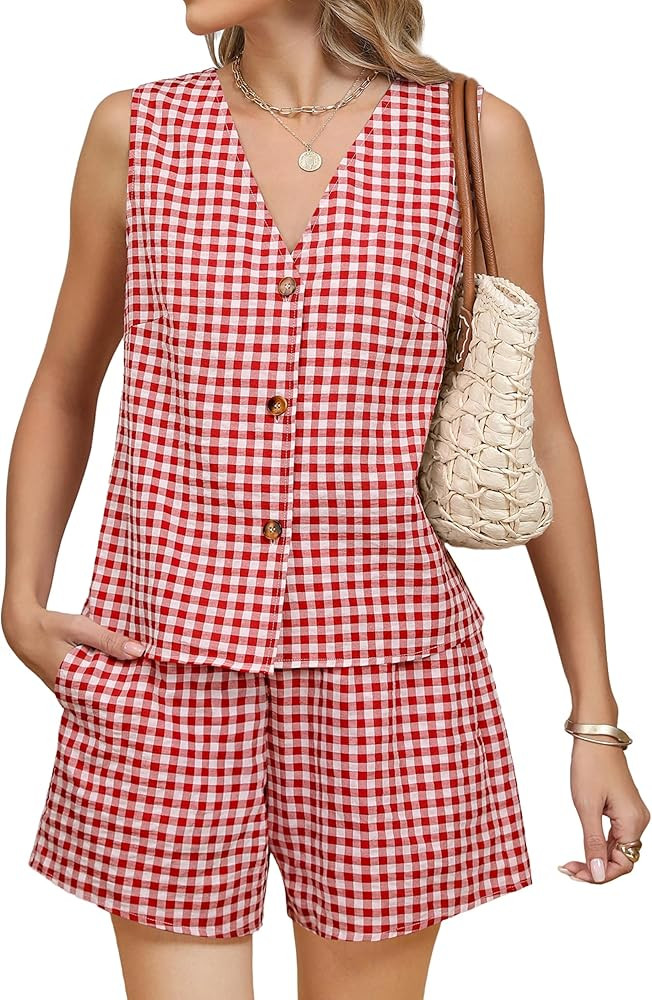 Blooming Jelly Women's Summer Two Piece Sets Vacation Outfits Matching Short Sets Linen Gingham V... | Amazon (US)