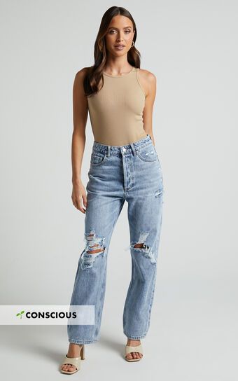 Miguel Jeans - Straight  Relaxed Ripped Denim Jeans in Light Blue Wash | Showpo (US, UK & Europe)