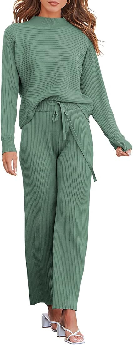 ANRABESS Women's Two Piece Outfits Batwing Long Sleeve Crop Top & Ribbed Knit Wide Leg Pants Loun... | Amazon (US)