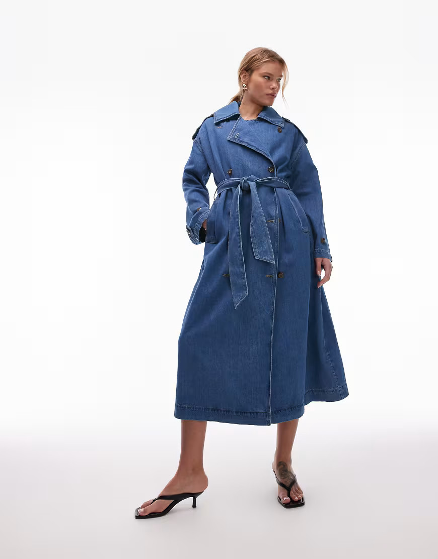 Topshop denim trench coat in mid blue | ASOS (Global)