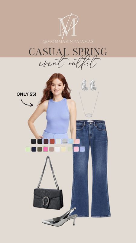 A casual petite look for a spring event or friends' dinner! This Target tank is only $5 during target circle week!!! I have them in a few colors and the quality and fit is great. The purse is also on major sale!!!spring look, spring date look, spring event look, petite friendly flare jeans

#LTKparties #LTKSeasonal #LTKxTarget