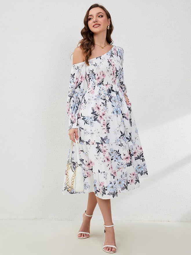 Women Long Sleeves Floral Dresses - Casual Spring Summer Dresses Puff Sleeve Flowy Midi Dress wit... | Amazon (US)