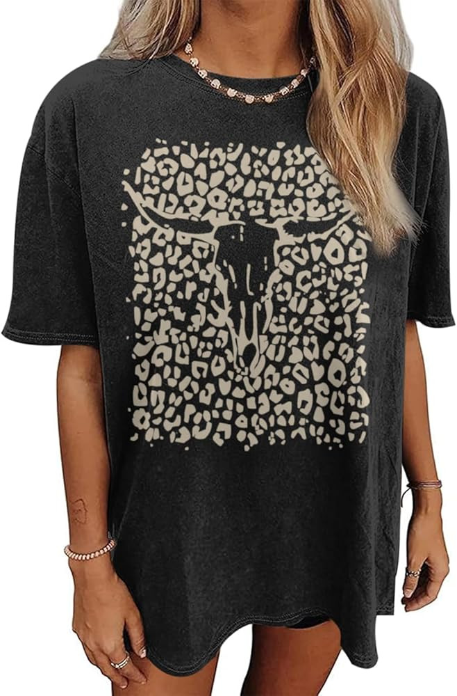 Western Cow Skull Shirts for Women Boho Cowgirl Shirt Vintage Acid Wash Tshirt Oversize Rodeo Gra... | Amazon (US)