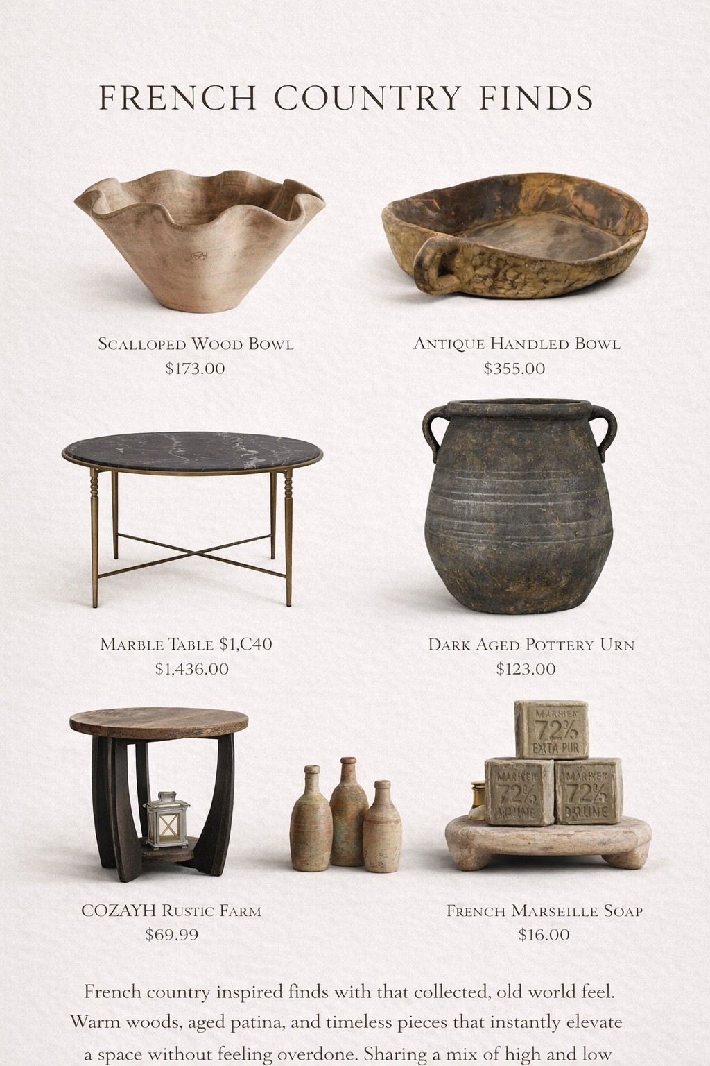 French country inspired finds with that collected, old world feel.
Warm woods, aged patina, and timeless pieces that instantly elevate a space without feeling overdone.
Sharing a mix of high and low options to get the look for less.


#LTKSaleAlert #LTKHome