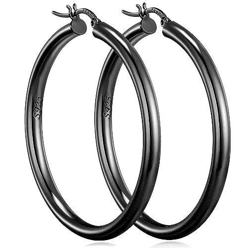 OAOMRIA Large Black Hoop Earrings Chunky Black Hoop Earrings for Women Thick Black Hoop Earrings Lightweight Big Black Hoop Earrings Sterling Silver Black Hoop Earrings | Amazon (US)