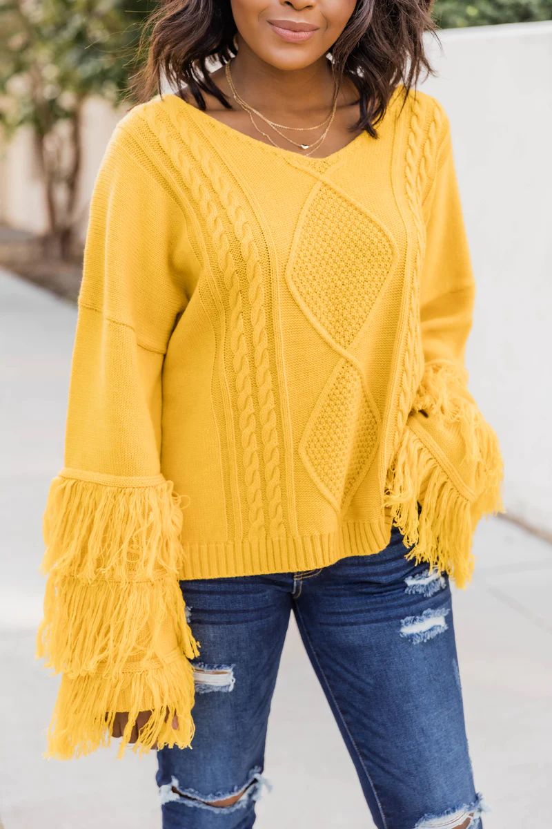 By The Firelight Yellow Fringe Cropped Sweater | The Pink Lily Boutique