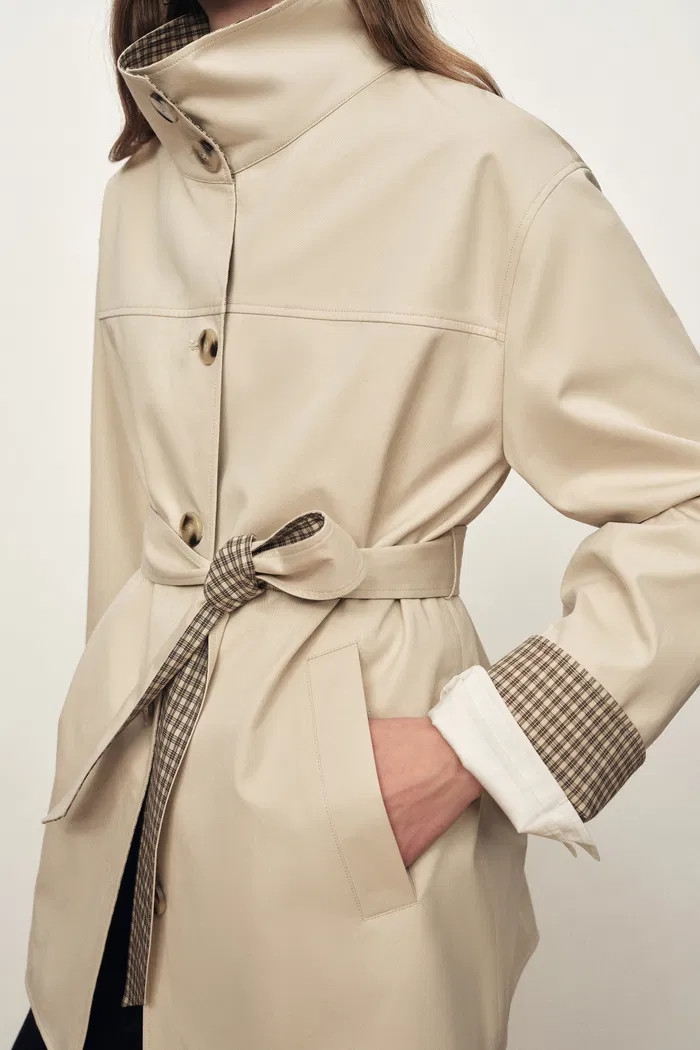 Sita Check Panel Belted Cropped Trench Coat In Trench Cotton | Fabrique