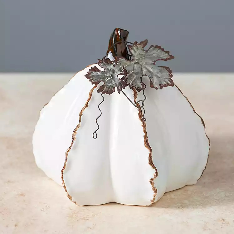 Cream Ceramic Pumpkin with Metal Leaves | Kirkland's Home