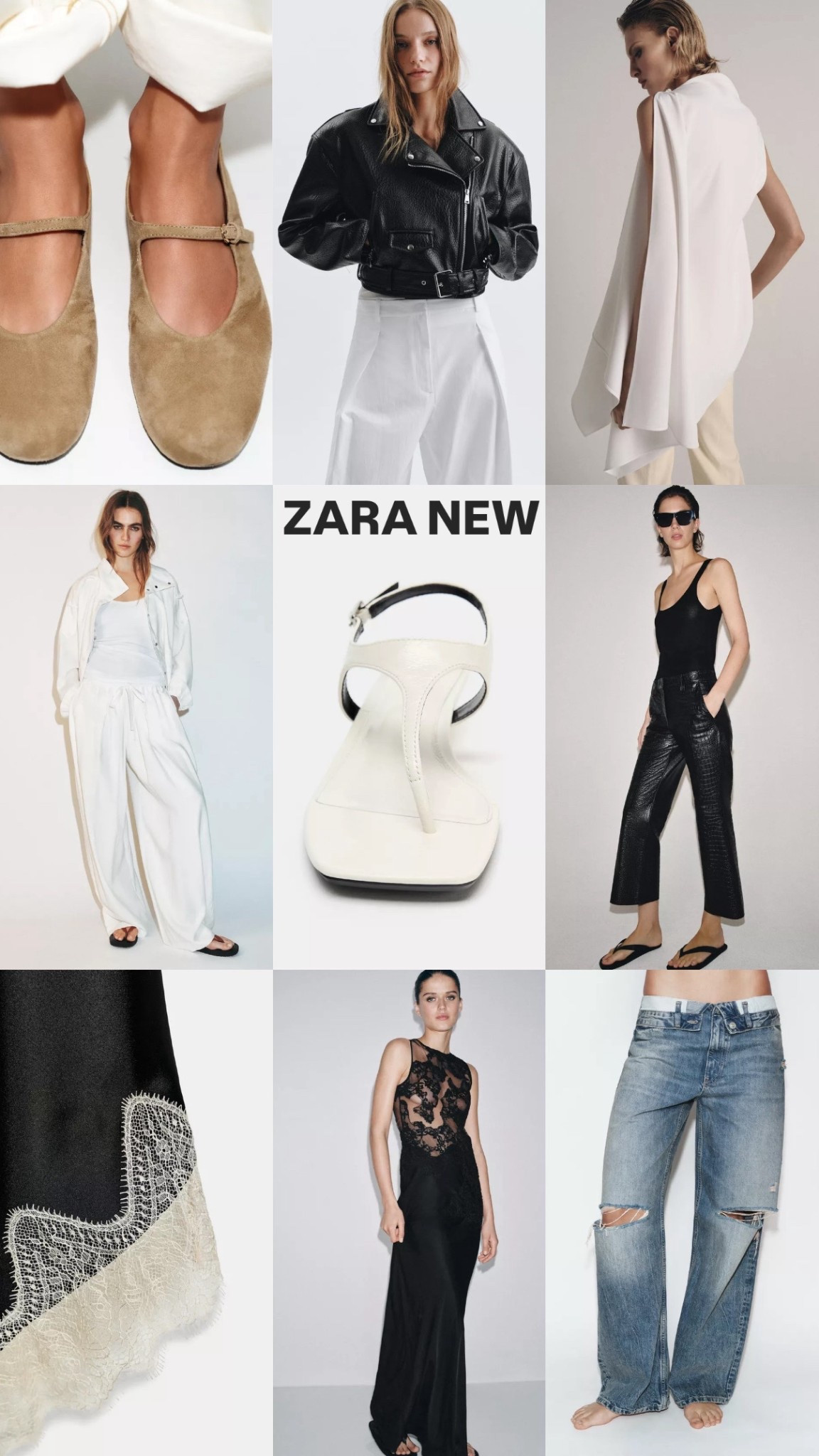 Zara new in for your spring outfits 

Suede ballet flats
White trousers 
Leather jacket 
Blue jeans
Mock croc
Lace dress
Satin trim details #zara 

 

#LTKeurope #LTKuk #LTKspring