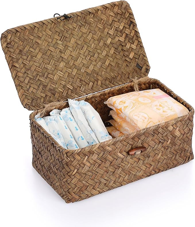 Sumnacon Small Wicker Basket with Lid Rectangle Woven Baskets for Toiletries Tampon Storage,Wicke... | Amazon (US)