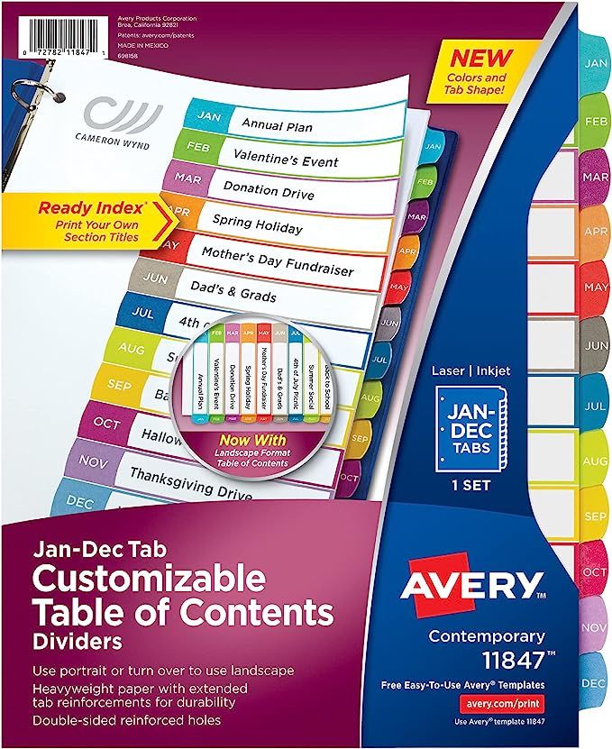 Avery 12-tab Dividers for 3 Ring Binders, Customizable Table of Contents, Multicolor Tabs, 1 Set ... | Amazon (US)