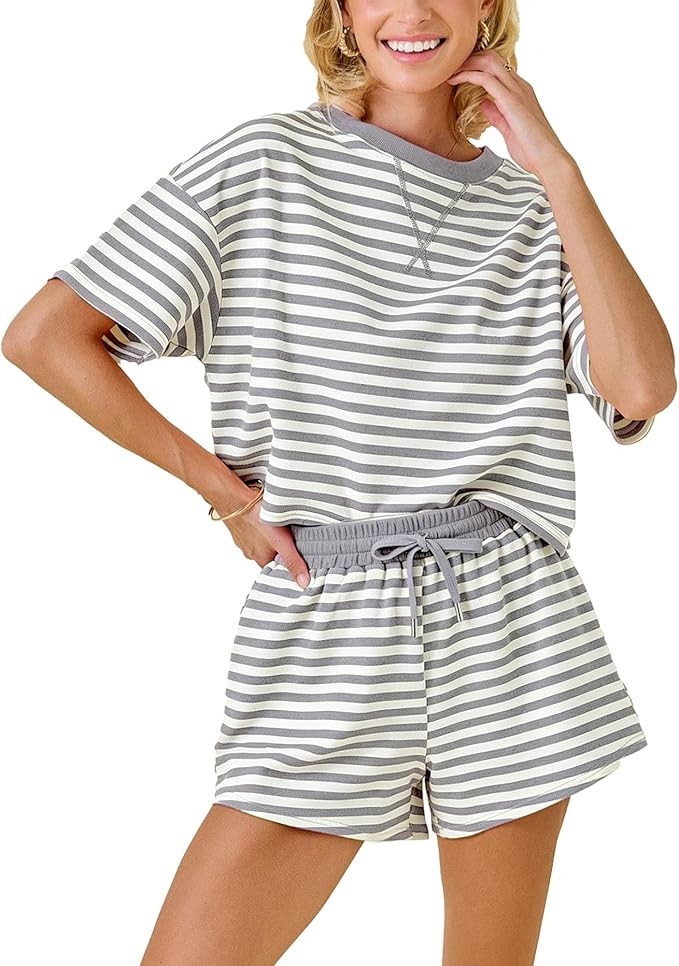 Colorful world Two Piece Sets for Women Striped Shorts Sets Short Sleeve Crew Neck Tops High Wais... | Amazon (US)