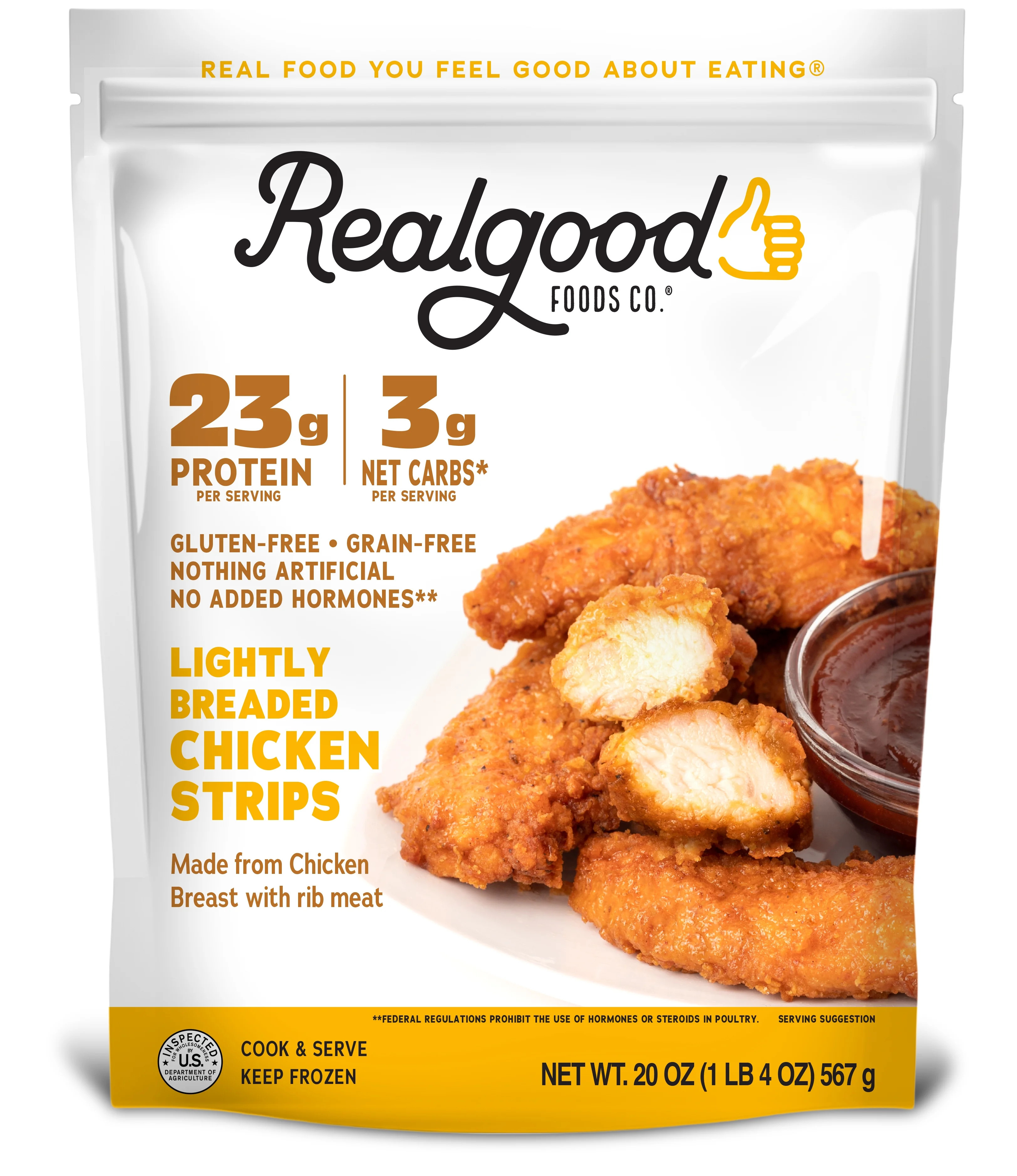 Realgood Foods Co. Lightly Breaded Chicken Breast Strips, Gluten-Free, 20 oz Regular Bag (Frozen) | Walmart (US)