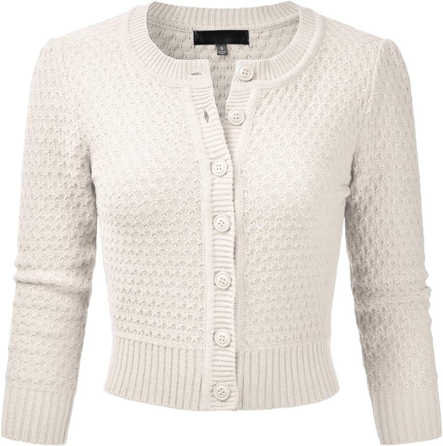 EIMIN Women's Crewneck Button Down 3/4 Sleeve Cropped Cardigan Sweater (S-3XL) | Amazon (US)