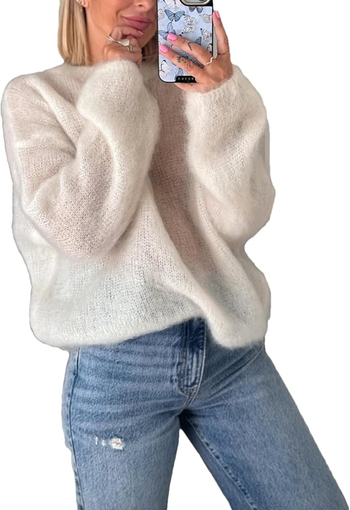 Womens Soft Fuzzy Knit Sweater Oversized Cozy Pullover Jumper Long Sleeve Casual Crewneck Sweater | Amazon (US)