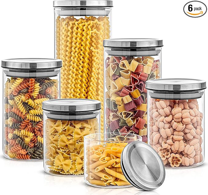 JoyJolt Kitchen Canister Set. 6 Glass Jars with Lids (Stainless Steel) Lids. Airtight Food Storag... | Amazon (US)