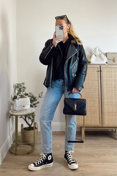 causal easy outfit idea 
mom jeans, leather jacket, oversized hoodie, converse trainers and black bag 

#LTKSeasonal #LTKeurope